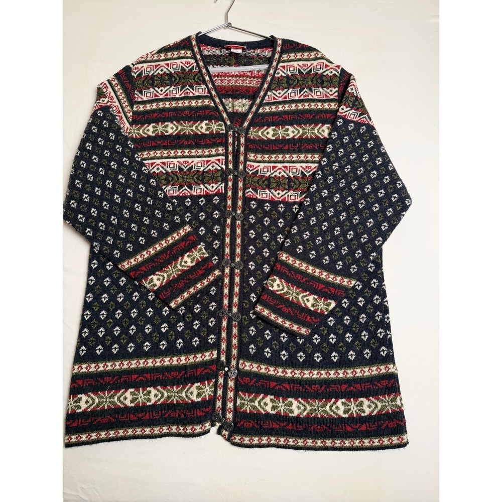 Grace Vintage Fair Isle Cardigan Sweater Navy Red Nordic Metal Clasp Size 18